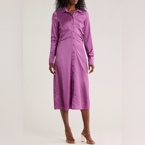 Jacque the Label Dresses & Skirts - Jacque the Label Sylvie Satin Button Midi Shirt Dress Ruched Purple Plum M NWT